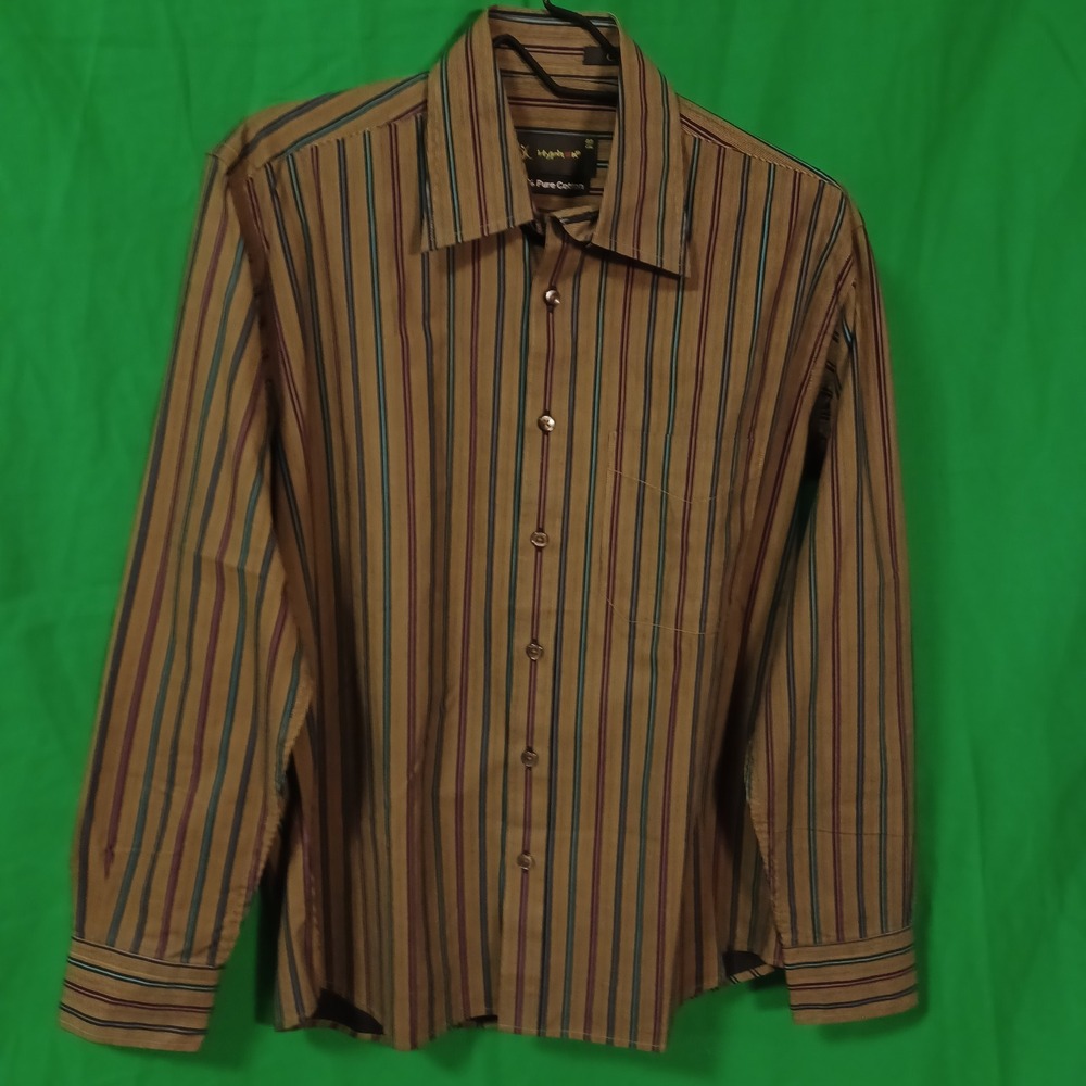 Hyphen Mens Multi-Color‎ Striped Button Down Shirt 100% Cotton Brown Teal 40cm
